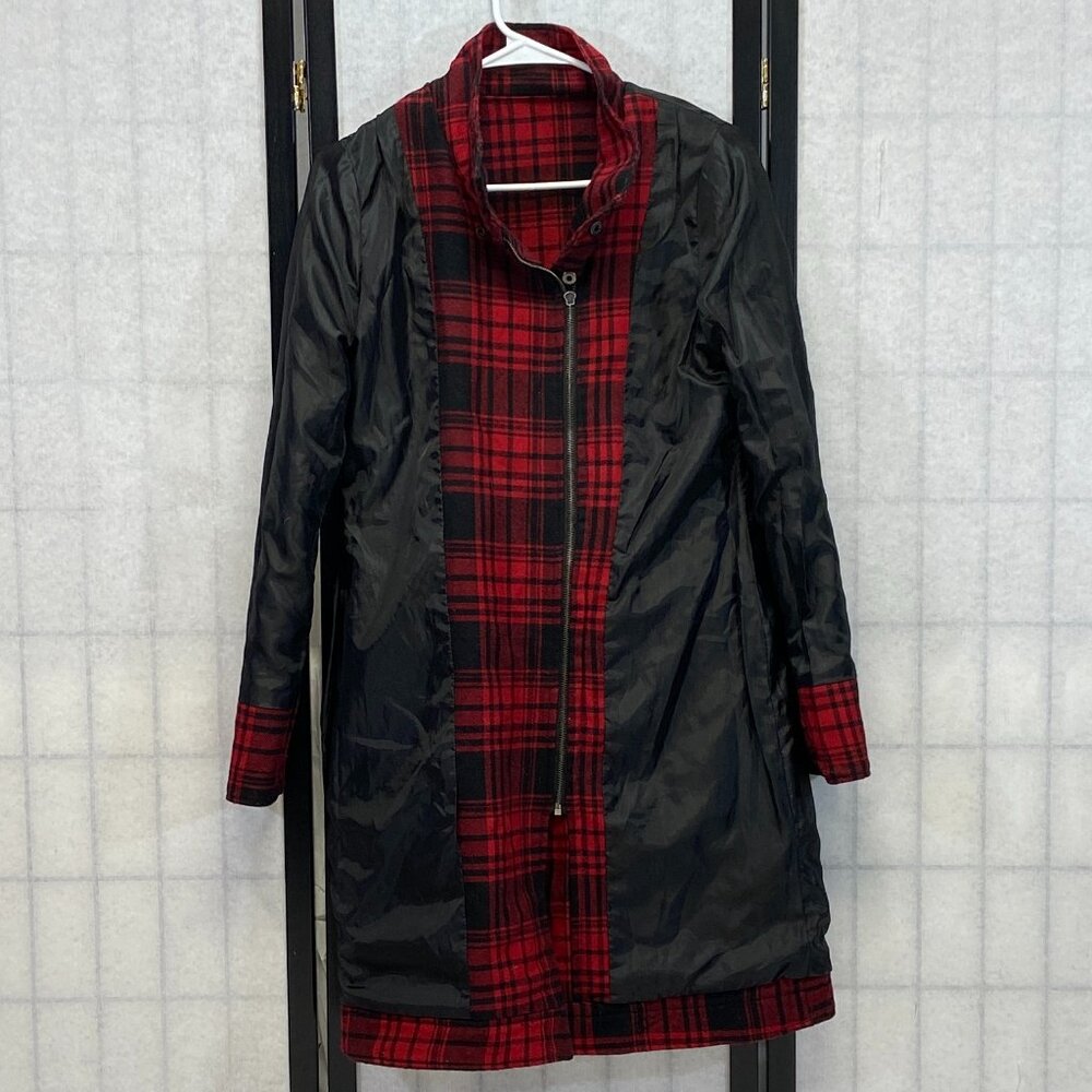 BB Dakota Plaid Wool Blend Long Trench Coat Red Black M Belted Full Zip Hi Neck - Picture 5 of 11